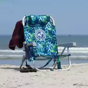Paquete de 2 sillas de playa Tommy Bahama hojas azules reclinables, correas para mochila, almacenamiento - Imagen 1 de 5