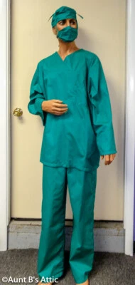 Doctor Scrubs Costume Adult 4Pc Teal Green Pants Top Mask & Cap LG/XL - Image 1 of 2