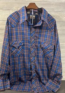 Vintage Sears Western Wear 4XL Plaid Blue Ranch Rodeo Shirt Jacket Pearl Snap - Picture 1 of 6