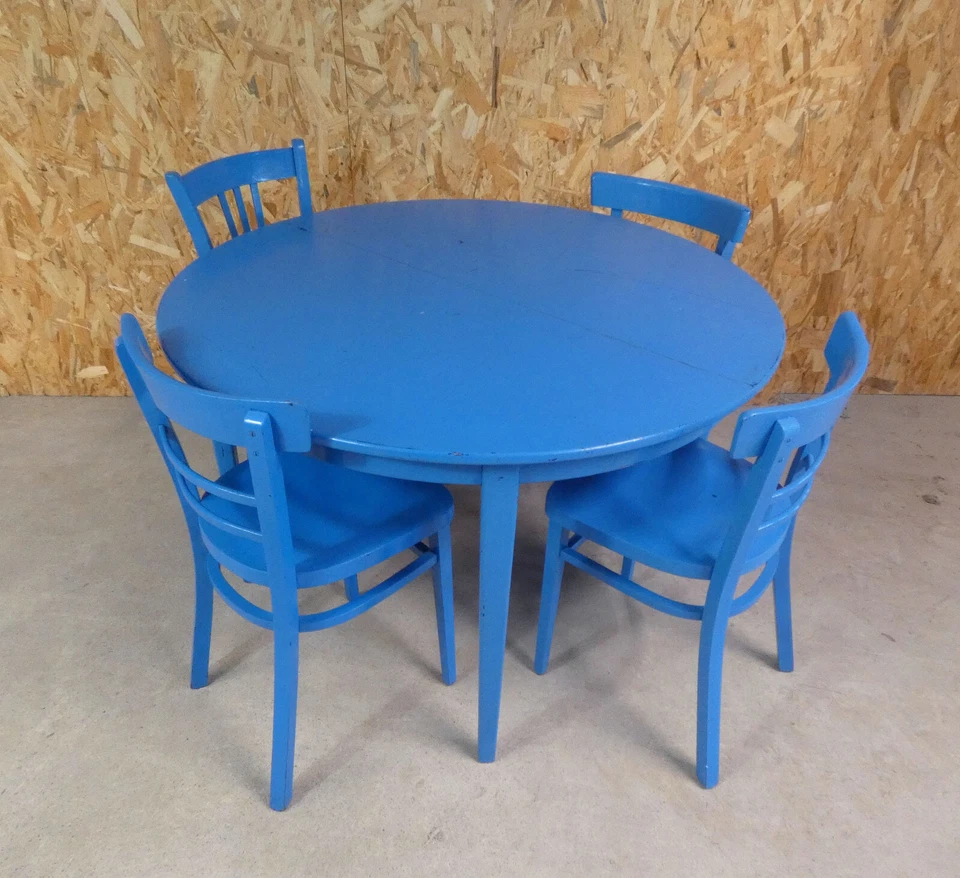 table à manger ronde avec 4 chaises et 2 rallonges bleu vintage - Photo 1/4