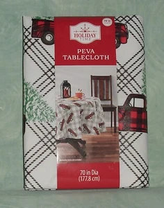 Holiday Time Peva Tablecloth ~ Red Black Plaid Truck ~ 70 in Round - Picture 1 of 2