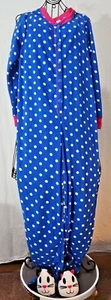 Pajamas Footed Kitty Head Blue Polka Dot Suit Sz Med 100% Polyester Fleece - Picture 1 of 18