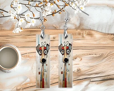 Earrings,  Wally Muttley Dog Print Wood Bar Printed Earrings Jewelry - Image 1 of 4