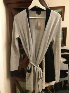 NEW J. Crew 100% Cashmere Gray Open Front Belted Cardigan w/ Navy Trim - XS - Picture 1 of 3