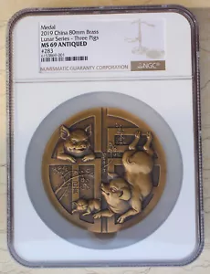 NGC MS69 Antiqued 2019 China 80mm Brass Medal - Lunar Series - Pig Patron Saint - Picture 1 of 6