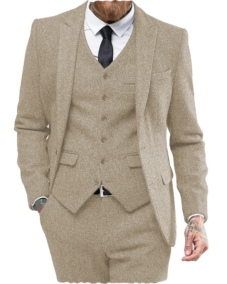 Traje de 3 piezas de esmoquin de espiga de tweed para hombre de negocios talla 40r 42r 44r 46r 48r Foto 1 de 4