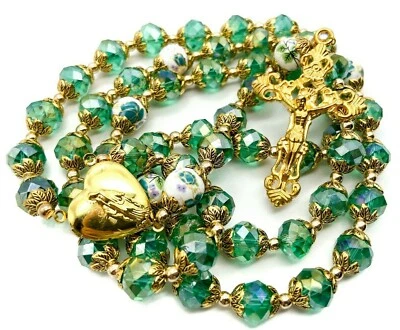 Catholic Green Crystals Beads Gold Rosary Necklace Miraculous Medal - Image 1 of 4