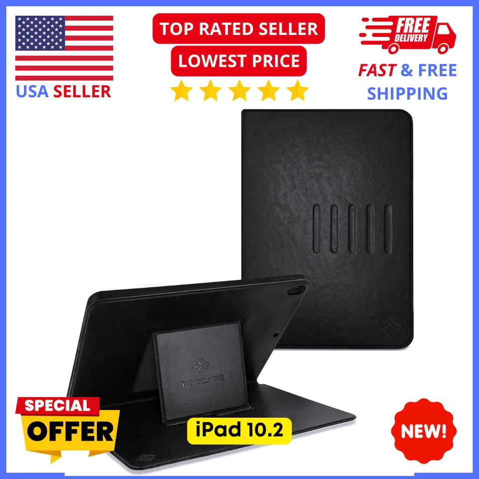 Кожаный чехол-книжка ROOCASE для iPad 10,2 дюйма — магнитная подставка защитный чехол - Изображение 1 из 4