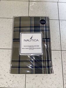 NEW Nautica Compass Plaid 2 Standard Pillowcases 100% Cotton 210 Thread Count