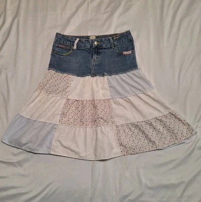 Y2K Denim Boho Skirt Stuff By Hillary Duff Sz L Pink & White Floral Embroidery - Image 1 of 4