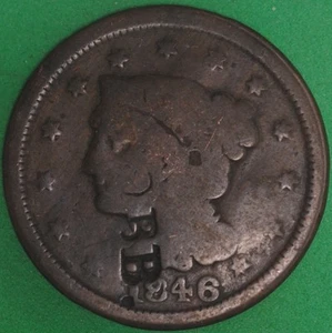 1846 Braided Hair Large Cent AD Counterstamped "H. COBB." - Picture 1 of 2