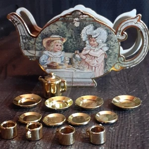 Vintage Puppenhaus Teeservice goldfarben in Deko Box 1983 Shackman Miniatur  - Bild 1 von 9
