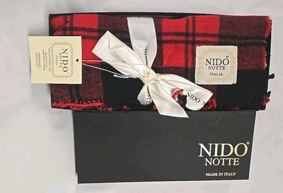 Nido Notte fringe blanket throw 51x67  Red & Black Plaid Made In Italy - Image 1 of 4