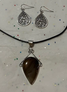 Gebänderter Achat Edelstein 925 Sterling Silber Platte Anhänger + modische Ohrringe - Bild 1 von 10