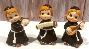 Vintage Set of 3 Ceramic Monks Friars Playing Instruments 3.5" Figurines Cute - Picture 1 of 10