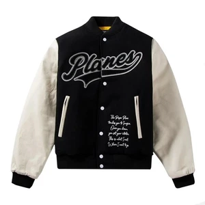 Men's Paper Full-Snap Style Unisex Black Wool & Leather Letterman Varsity Jacket - Picture 1 of 5