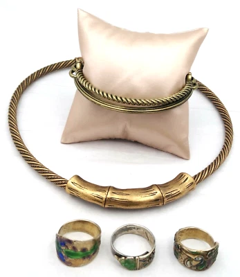 LOTE Conjunto de Joyería Tono Cobre Estilo Boho Gargantilla Collar, Brazalete Pulsera, 3 Anillos Foto 1 de 4