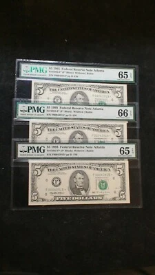 3 CONSECUTIVE 1995 $5 DOLLAR PMG GEM UNC 65 & 66 STAR NOTES $5 Bills BUY IT NOW! - Image 1 of 4