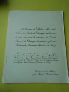 Faire part de Mariage Bernard de Changy et Mlle La Poëze Chateau de la Ferrière - Picture 1 of 1