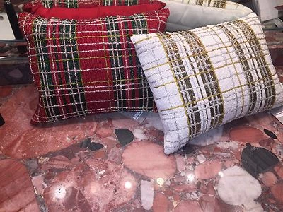 NWT Kim Seybert Neiman Marcus Christmas Plaid Beaded Throw Pillows 12'x16" - Image 1 of 4