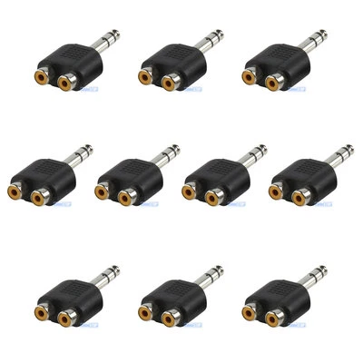 10 x 6.35mm Stereo 1/4" Jack to 2 RCA Phono Female Socket Audio Splitter Adapter - Image 1 of 2