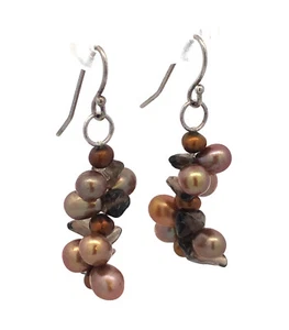 Designer 925 Sterling Silver Pearl Smoky Topaz Cluster Dangle Drop Hook Earrings - Picture 1 of 10