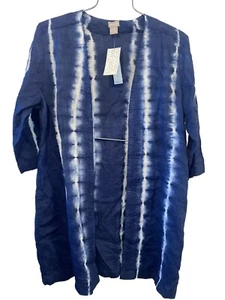 CHICOS 2p PL NWT Blue White Tie Dye Open Front 100% Linen Jacket Cardigan 🧡🧡 - Picture 1 of 14