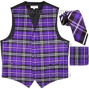 New Vesuvio Napoli Men's plaid Tuxedo Vest_2.5" Self Tie Necktie & Hankie Purple - Picture 1 of 4