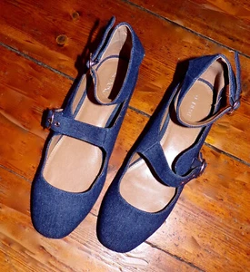 Blue Denim Double Strap Buckle Block Heel Ballet Flats Square Toe sz 7 8 - Picture 1 of 3