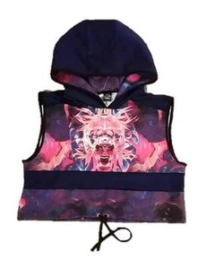 WE ARE HANDSOME Sleeveless HOODIE Animal Print DRAWCORD Hem CROPPED Loose Fit XS - Picture 1 of 2