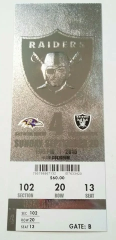 2015 Oakland Raiders Baltimore Ravens NFL Football Full Ticket Stub Cover