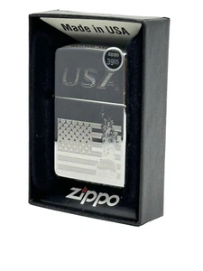Genuine Zippo Windproof Lighter Made USA Polished Chrome Engraved American Flag - Picture 1 of 4