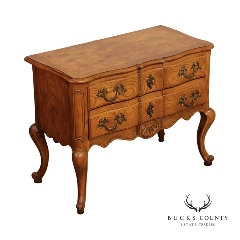 Baker French Rococo Style Burl Wood Two Drawer Nightstand Chest Cover