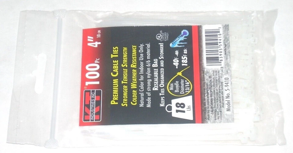 Bridas de cable blancas premium KT Industries 5-9410 tapa de 4" de largo 18 lb paquete de 100 Foto 1 de 1