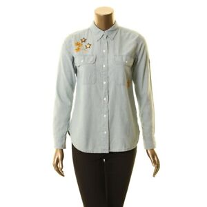 LAUREN RALPH LAUREN Women's Embroidered Denim Button Down Shirt Top TEDO
