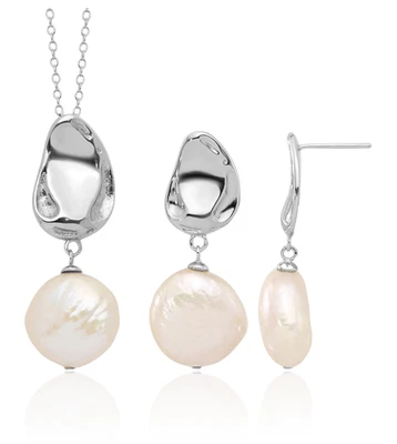 925 Sterling Silver 13mm White Coin Freshwater Cultured Pearl Necklace Chain ... - Image 1 of 4