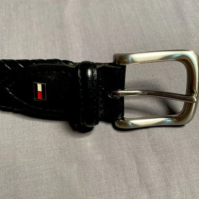 Tommy Hilffiger 黑色编织皮革腰带银色扣男式 42/105 码 — 第 1/4 张图片