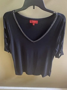 Jennifer Lopez Jeweled V-Neck Black Top With Cut Outs On Sleeves, Large - Picture 1 of 8