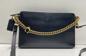 Coach Chain Accent Purse J1493-19490 Women's Black Gold Satchel Top Handle Bag - Picture 1 of 5