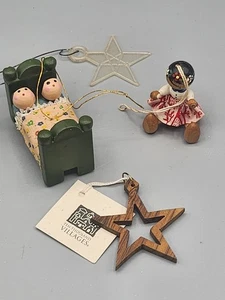 Misc Set Of 4 Christmas Ornaments, Olive Wood Star, Wooden Girl, Bed.. - Picture 1 of 8