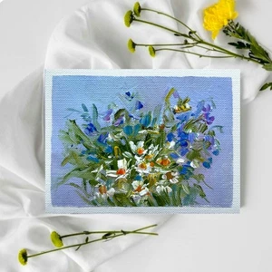 ACEO Original oil painting Art Cards Wildflowers Daisies #11 mini art 2.5x3.5 in - Picture 1 of 4