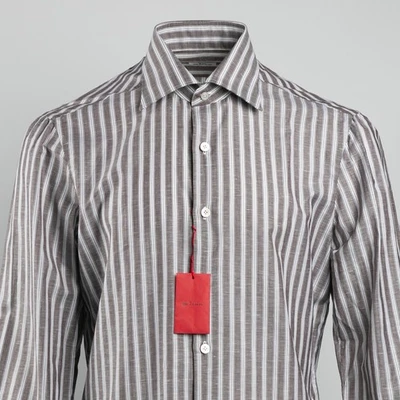 Новый с Ярлыками $1350 KITON хлопок и лен в полоску платье рубашка белый/серый размер 16/41 - Изображение 1 из 4