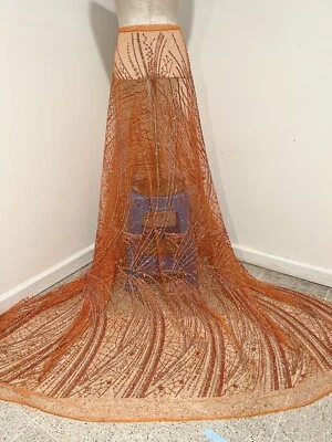 ORANGE SILVER Sprinkles Rhinestones Glitter lace fabric 50" width Sold By Yard - Image 1 of 4