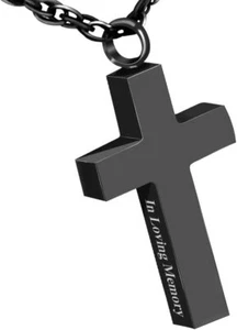 Cremation Cross Necklace for Ashes Stainless Steel Urn Black - Picture 1 of 6
