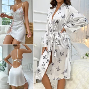 Women's Silk Robes Bride Bridesmaid Kimono Satin Bathrobe V Neck Sleepwear Dress - Picture 1 of 35