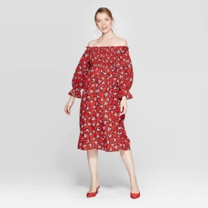 Women's Floral Print Off the Shoulder Long Sleeve Shirred Midi A Line Dress - XL - Picture 1 of 1