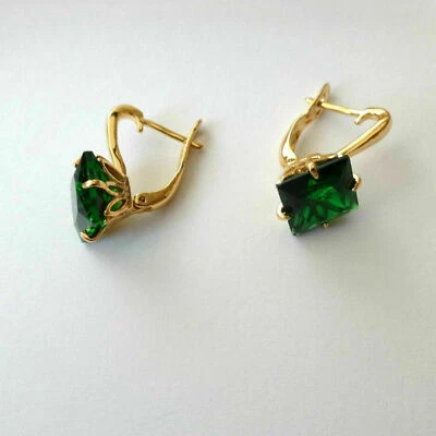 14K Yellow Gold Plated 2 Ct Princess Cut Moissanite Green Emerald Hoop Earrings - Image 1 of 3