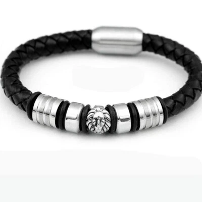 Men's 8" Stainless Steel Black Braided Leather Magnetic,LION Bracelet.BOX - Image 1 of 3