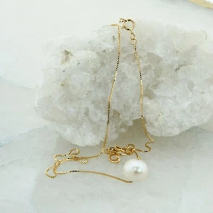 14K Yellow Gold Pearl Necklace 9 -10 mm White w/ Pink Hue, 18 inch Box Chain * - Picture 1 of 7