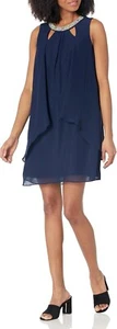 SLNY Cut Out Beaded Neck Dress Women's 14 Navy Hook & Eye Closure Sleeveless - Picture 1 of 16